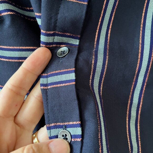 Dressbarn Sz XS Womens Navy Blue Metallic Striped Button Down Shirt Roll Tab Sly - Picture 4 of 8